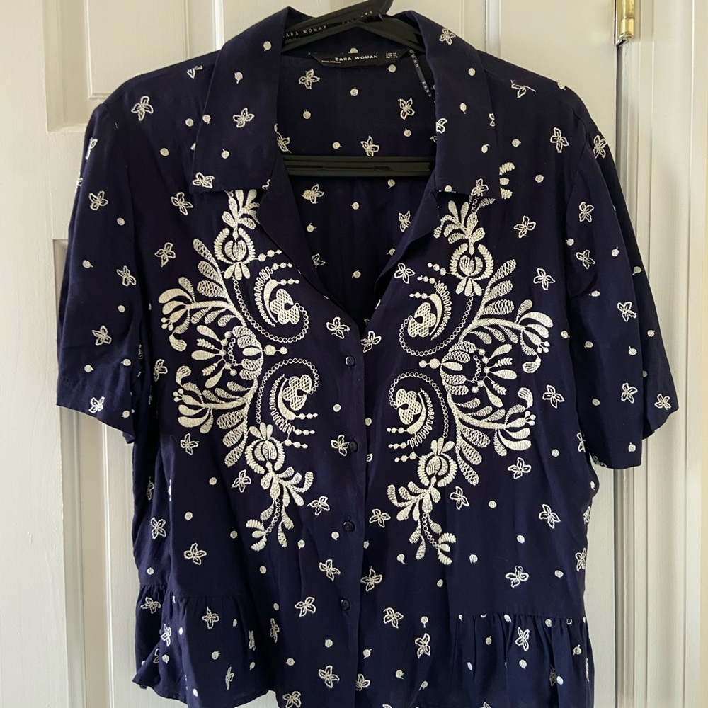 Navy Blue Embroidered Women's Top